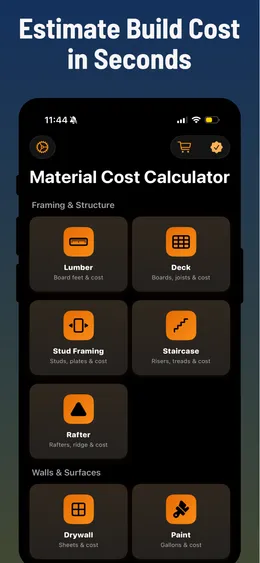 Material Cost Calculator home screen showing material categories