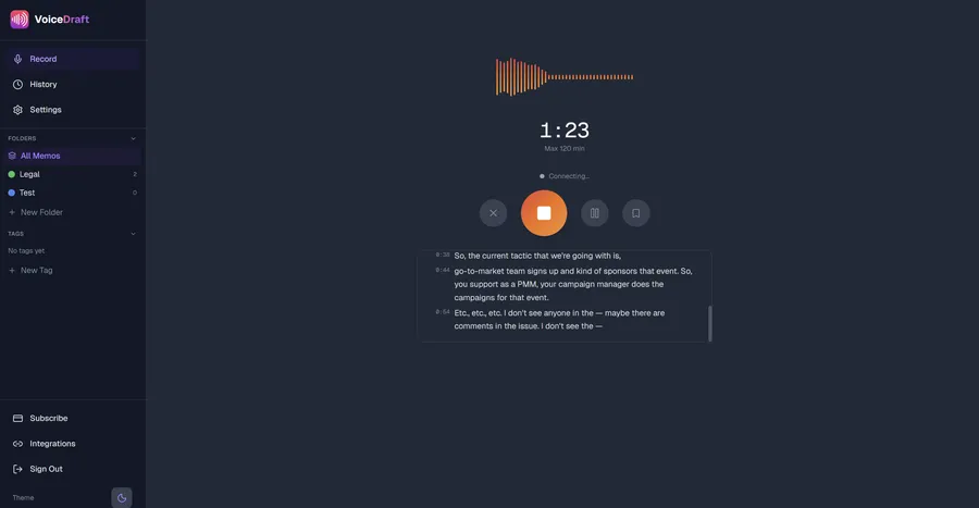 VoiceDraft web app showing recording interface with live transcription